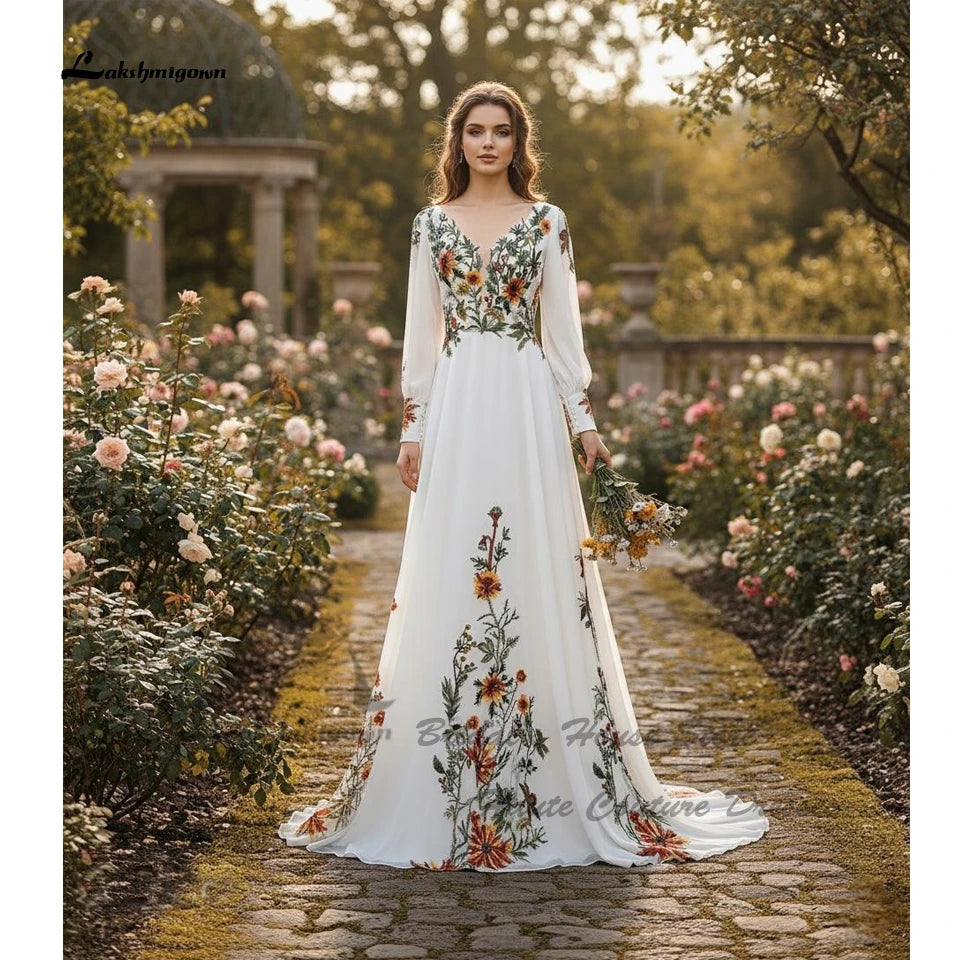 Boho Lace Long Sleeve Wedding Dress