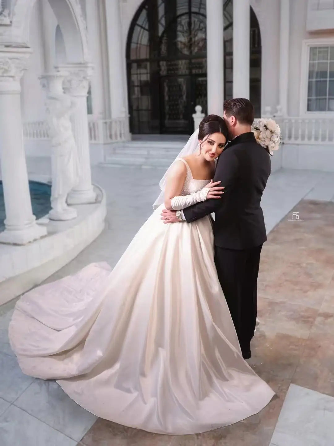 customized Satin Ball Gown Wedding Dress Square Neck with Pearl Bodice and Cathedral Train for Brides amanda novias official