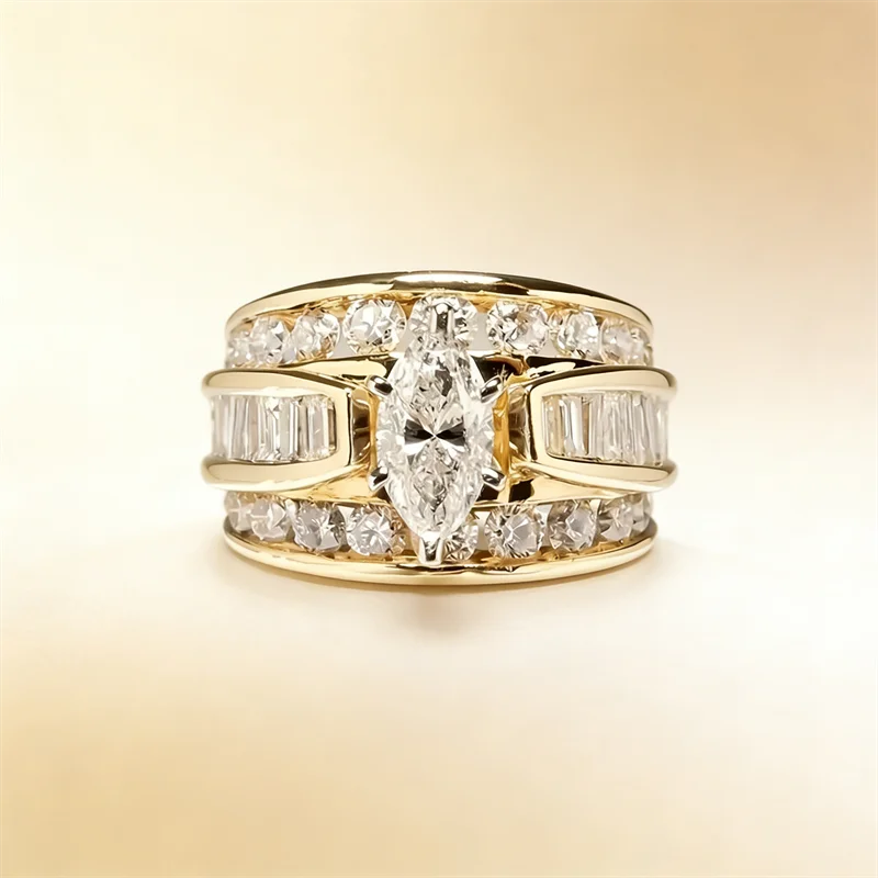 Gorgeous Three-Row White Zircon Engagement Rings Fashion Gold Color Party Anniversary Wedding Rings for Women