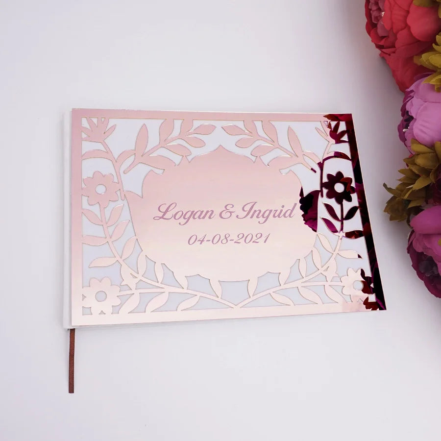 Luxury Hollow Floral Mirror Acrylic Wedding Guest Book Personalized Names & Date Signature Album 25x18cm Custom Wedding Journal