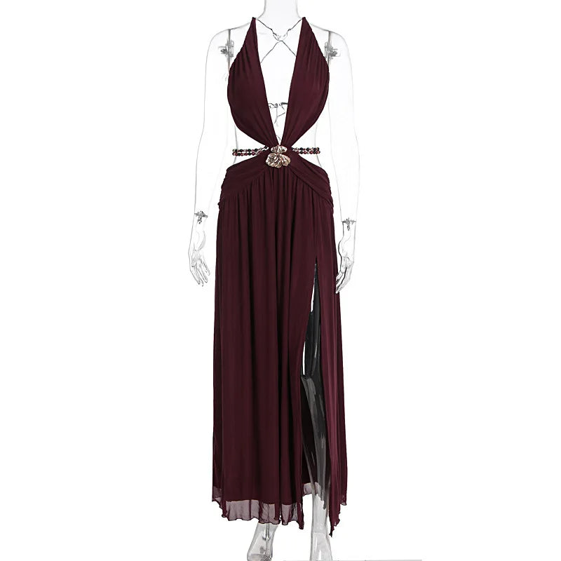 Townlike Leopard A-line Maxi Long Dress Women Halter 2026 Spring Summer Dress Deep V Neck Split Nightclub Sexy Party Dresses