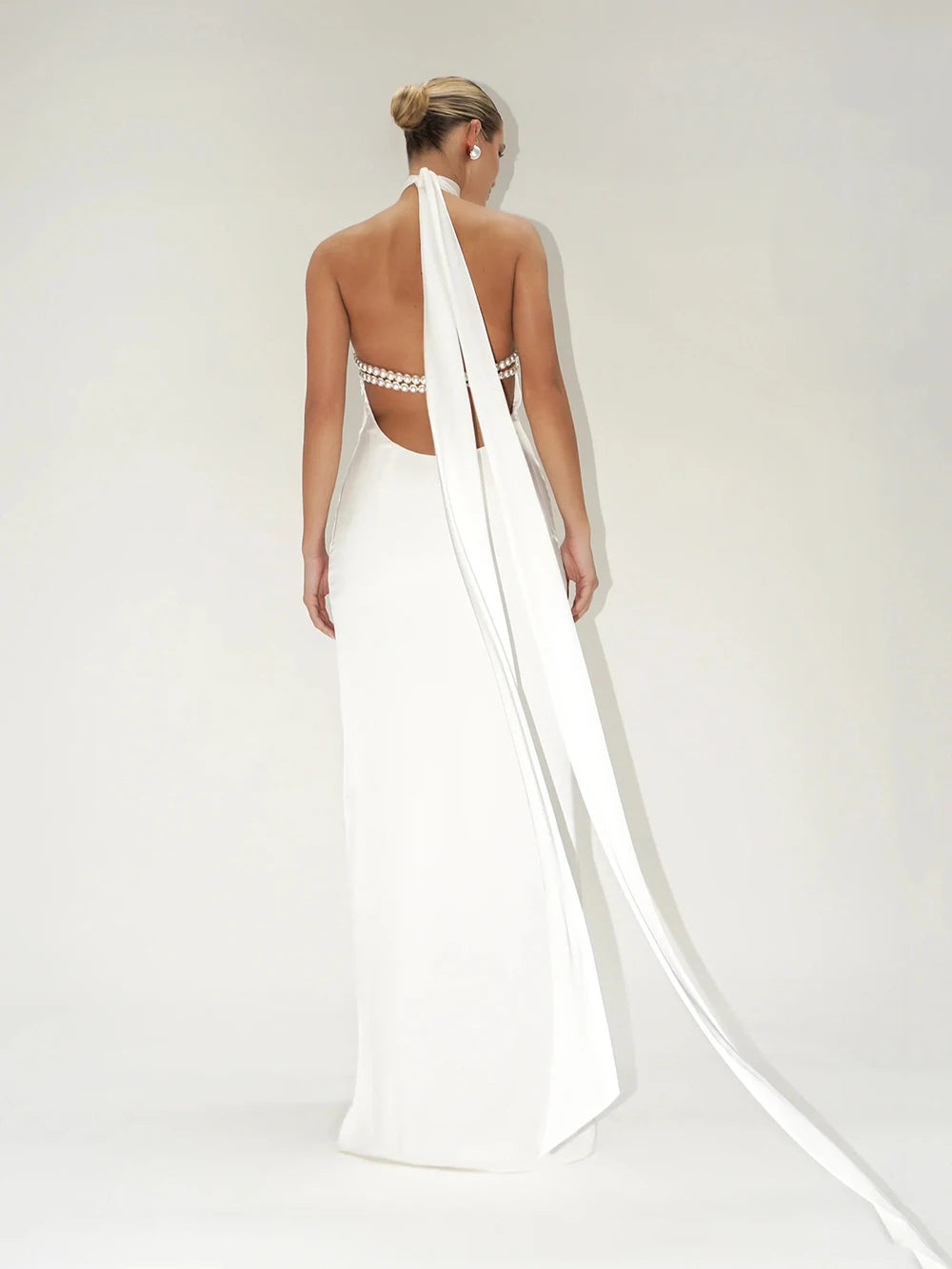 Pearl Chain Halter Maxi Dress