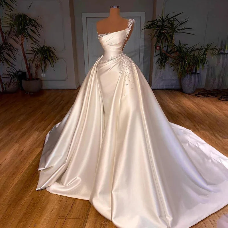 Elegant One Shoulder Satin Mermaid Wedding Dress Detachable Train 3-in-1 Pearl Princess Bridal Dress Customized 2025