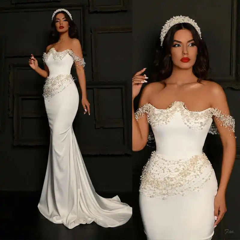 Elegant Off-Shoulder Mermaid Wedding Dress Pearl Bead Satin Bridal Gown for Upscale Indoor Wedding Celebrations Customized