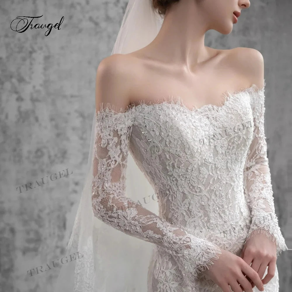 Traugel Elegant Strapless Long Sleeve Lace Mermaid Wedding Dresses Luxury Appliques Beaded Court Train Trumpet Bridal Gown