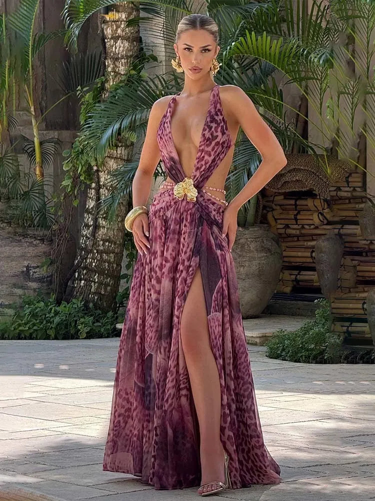 Townlike Leopard A-line Maxi Long Dress Women Halter 2026 Spring Summer Dress Deep V Neck Split Nightclub Sexy Party Dresses