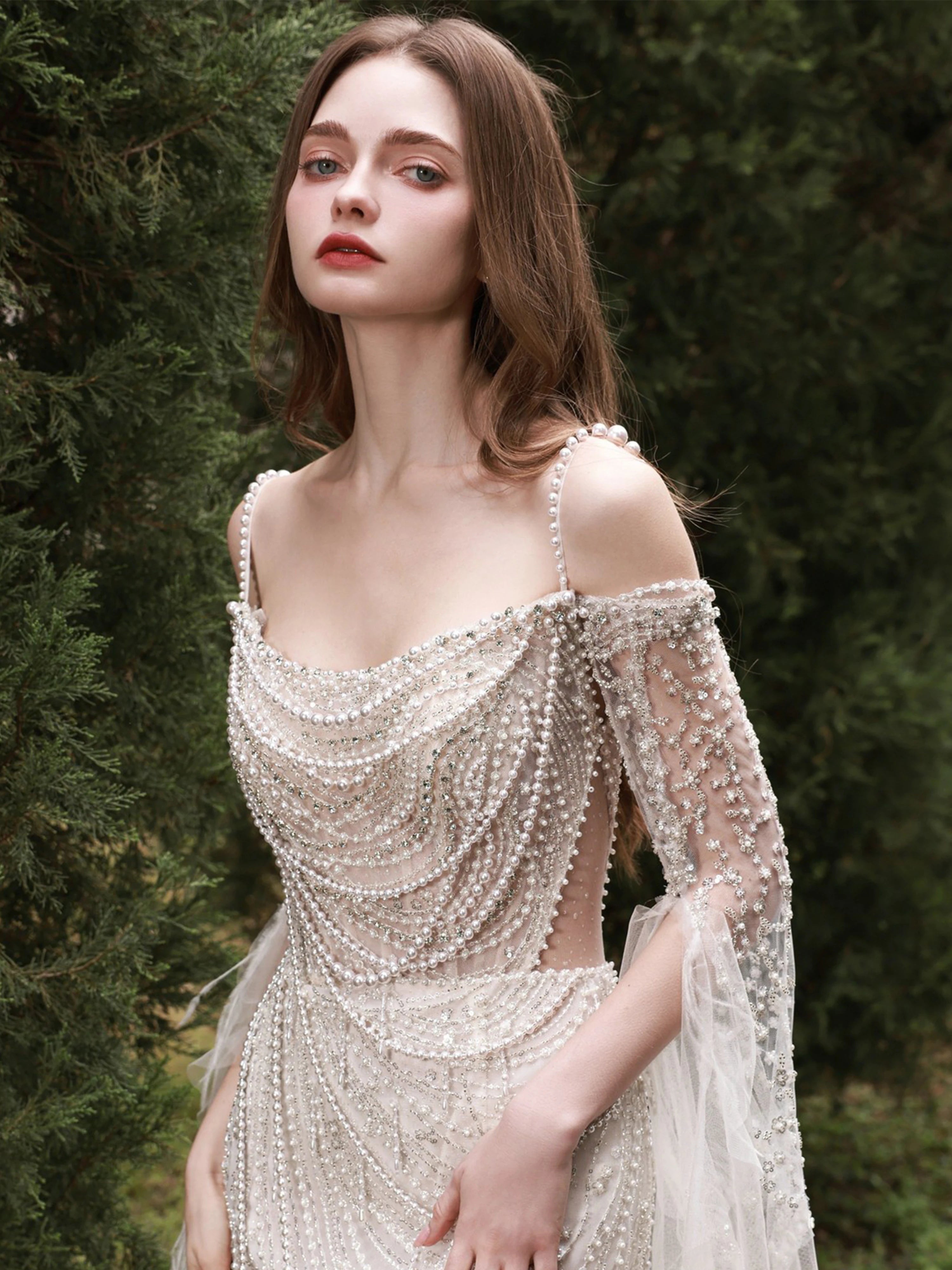 Shiny Beading Lace Wedding Dresses Strapless Mermaid Luxury Bride Gown  Spaghetti Strap Bride Dress Vestidos De Novia Customized