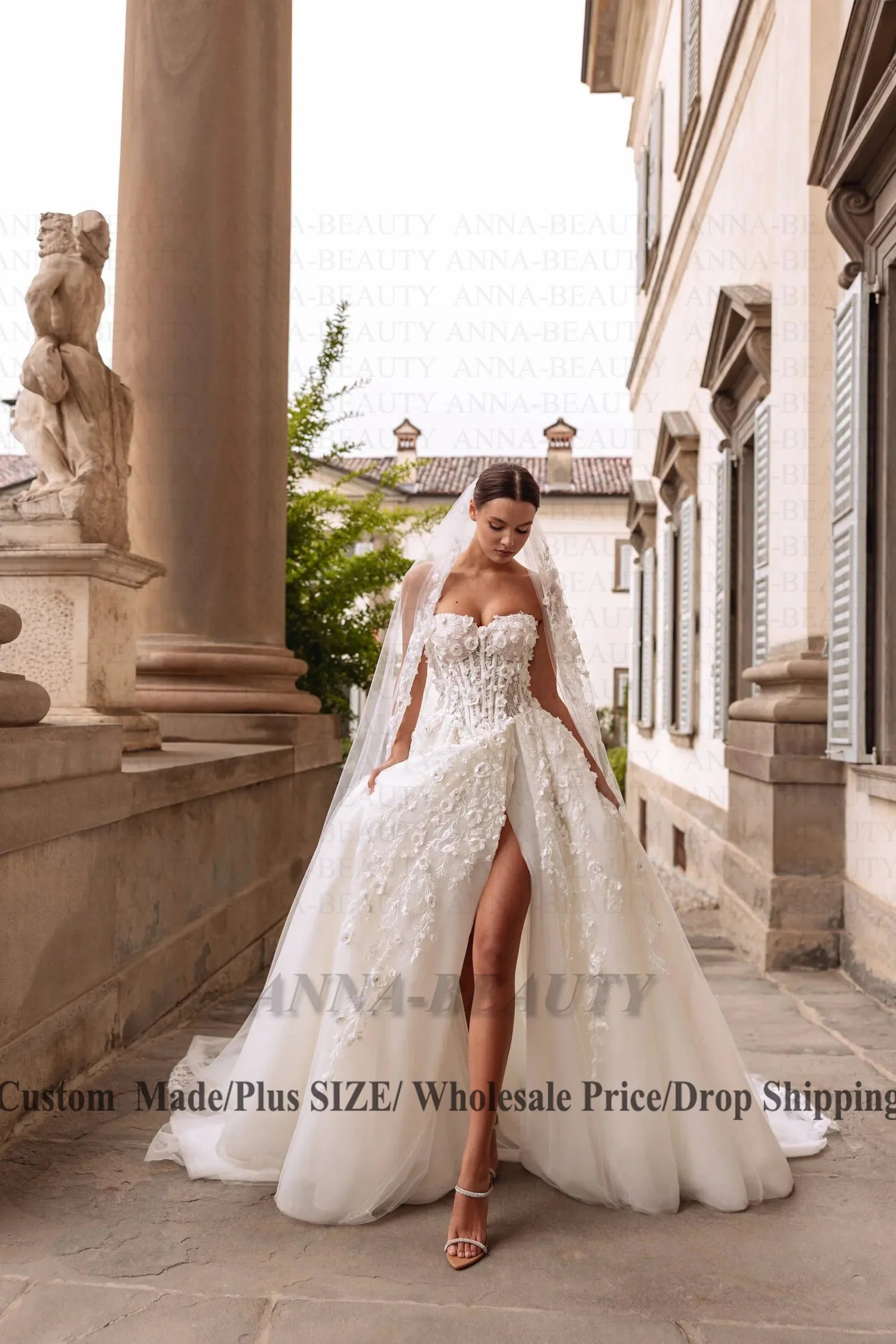 Anna Fancy Sweetheart Wedding Dress for Bride A Line Sleeveless Lacing up 3D Appliques Slit Vestidos Para Mujer Customised
