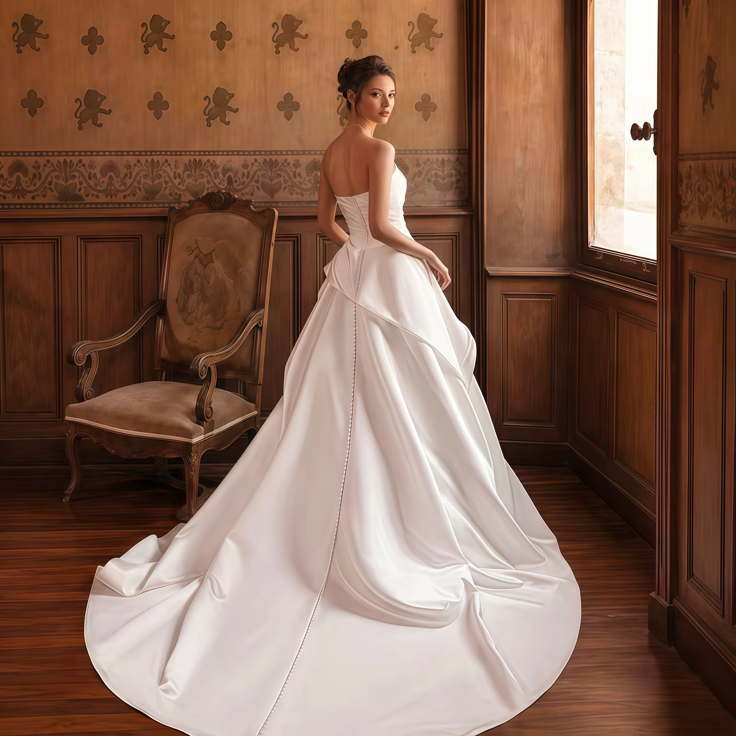 A Line Wedding Dress Customized Strapless Sweetheart Satin Bridal Gown Asymmetrical Ruffle Skirt Custom Train
