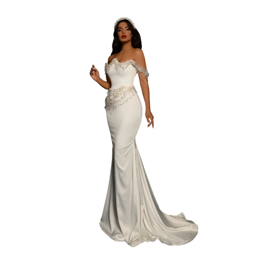 Elegant Off-Shoulder Mermaid Wedding Dress Pearl Bead Satin Bridal Gown for Upscale Indoor Wedding Celebrations Customized
