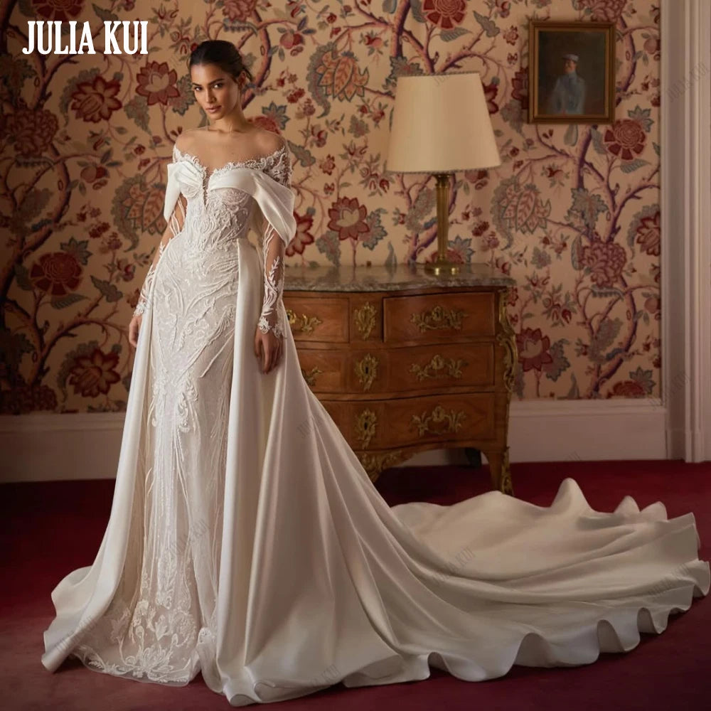 Julia Kui Custom Made Vintage Lace Satin 2 In 1 Mermaid Wedding Dresses Shiny Beaded Pearls Applique Beauty Trumpet Bridal Gowns