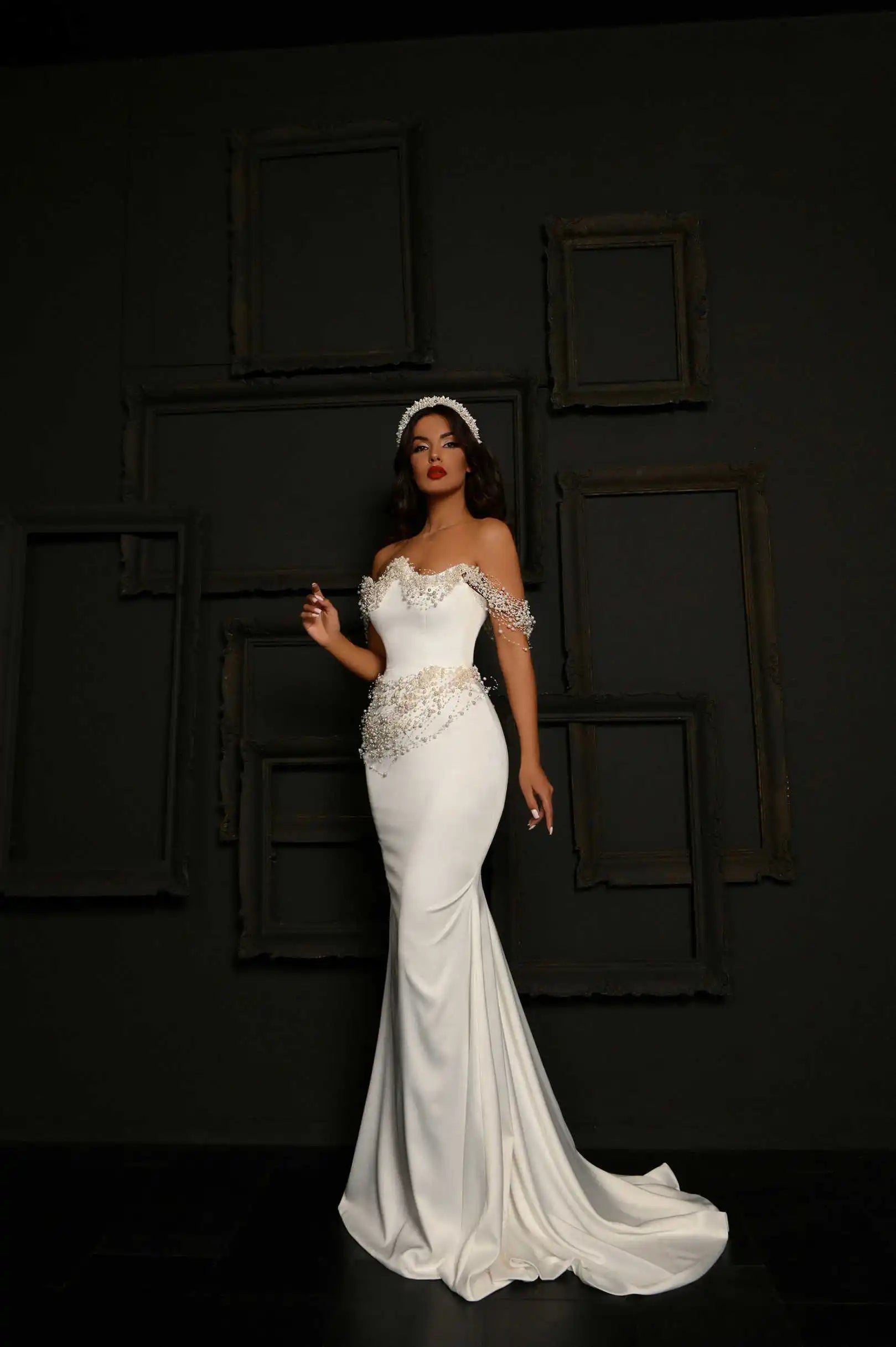 Elegant Off-Shoulder Mermaid Wedding Dress Pearl Bead Satin Bridal Gown for Upscale Indoor Wedding Celebrations Customized
