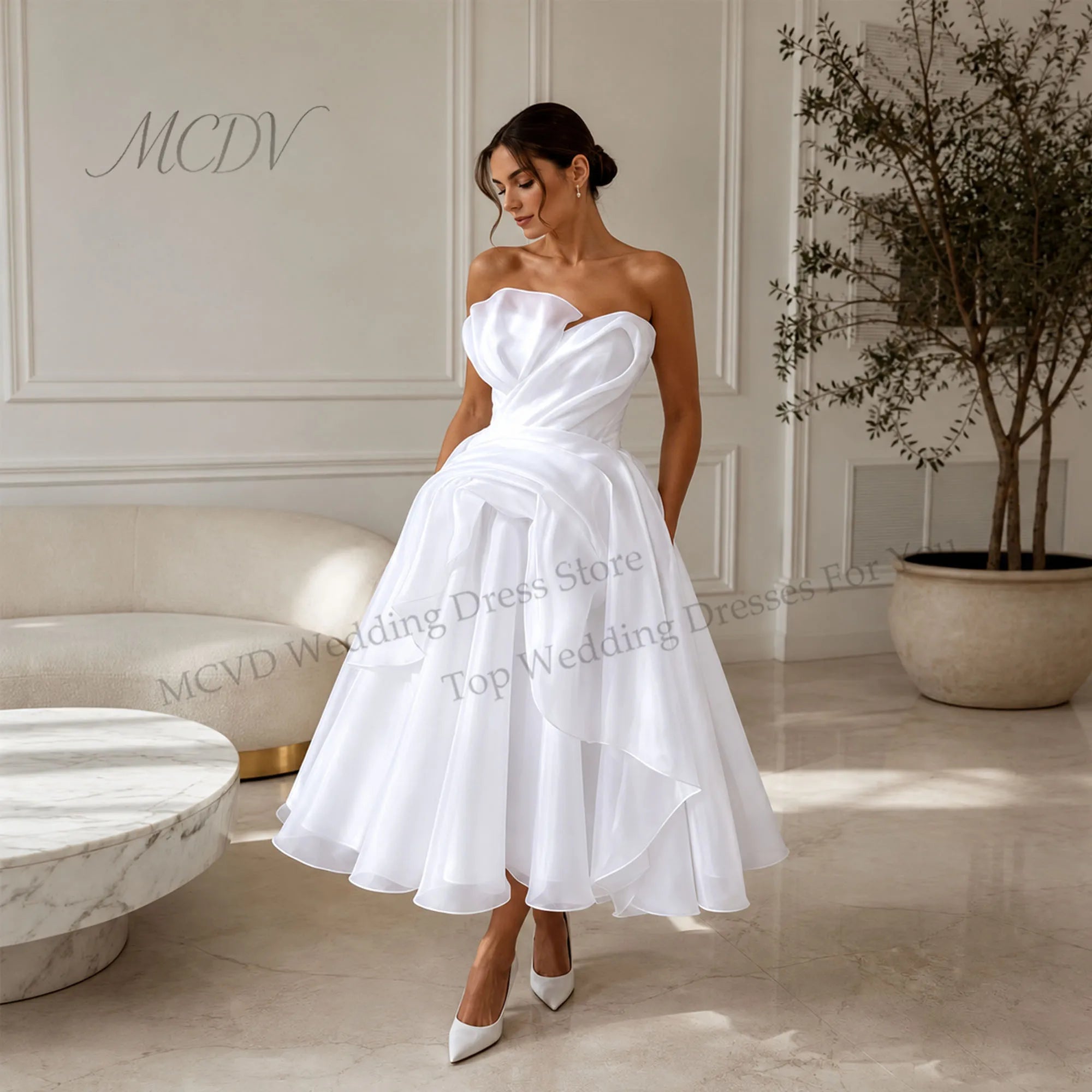 Midi Simple Wedding Dress 2026 Organza A Line Bridal Gown Corset Back Short Reception Dress Civil свадебное платье Customized