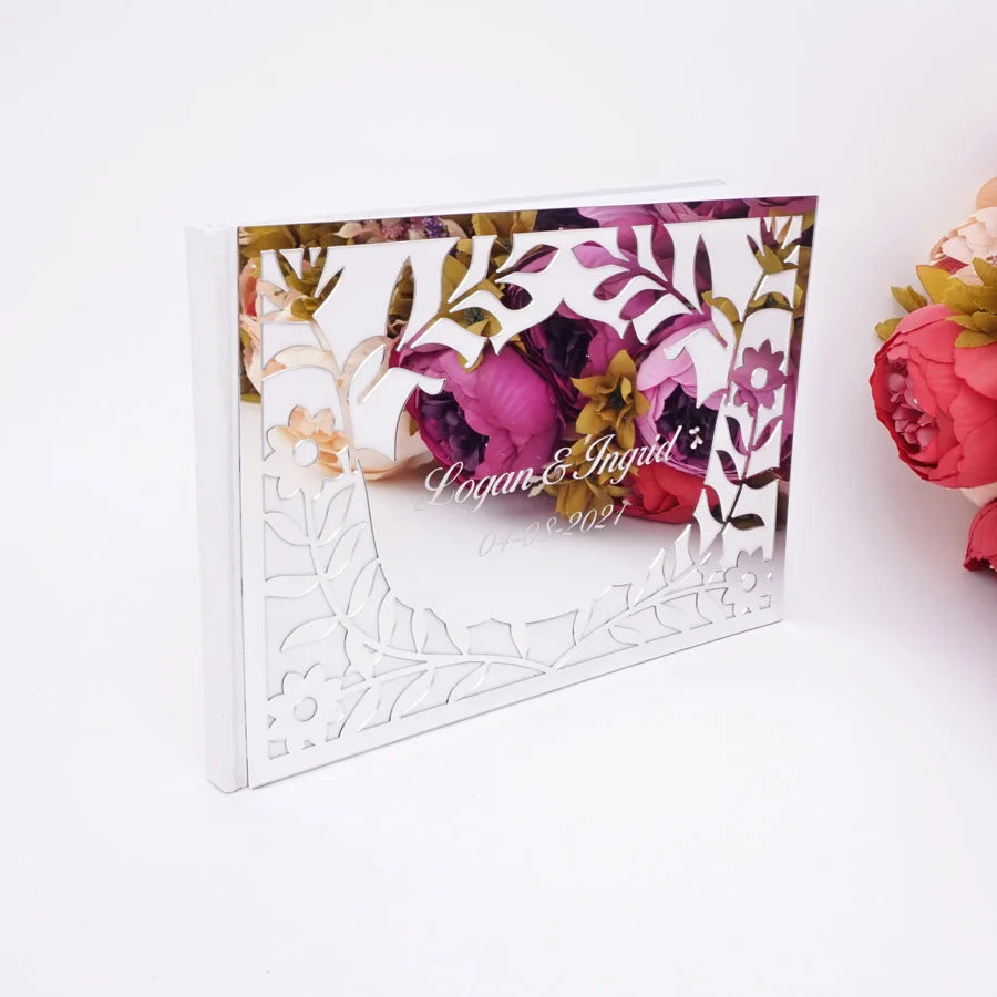 Luxury Hollow Floral Mirror Acrylic Wedding Guest Book Personalized Names & Date Signature Album 25x18cm Custom Wedding Journal