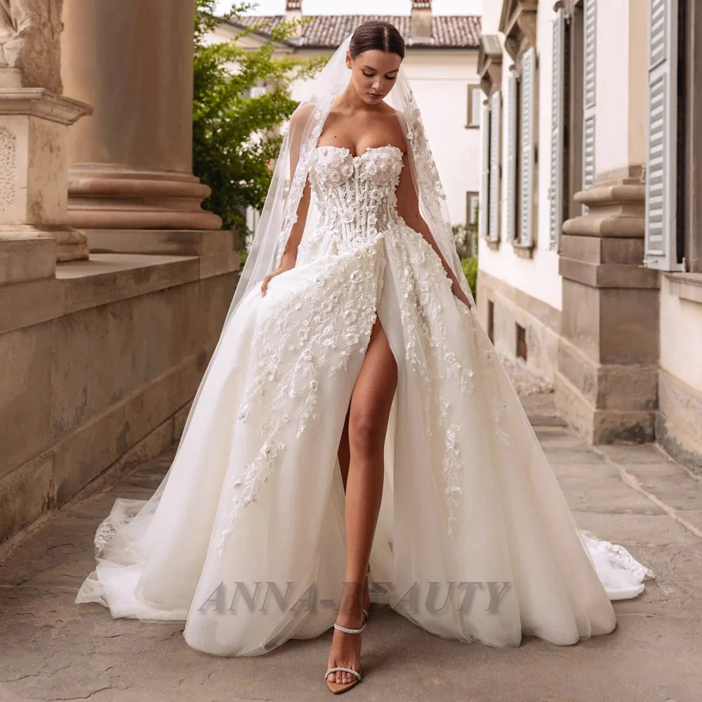 Anna Fancy Sweetheart Wedding Dress for Bride A Line Sleeveless Lacing up 3D Appliques Slit Vestidos Para Mujer Customised