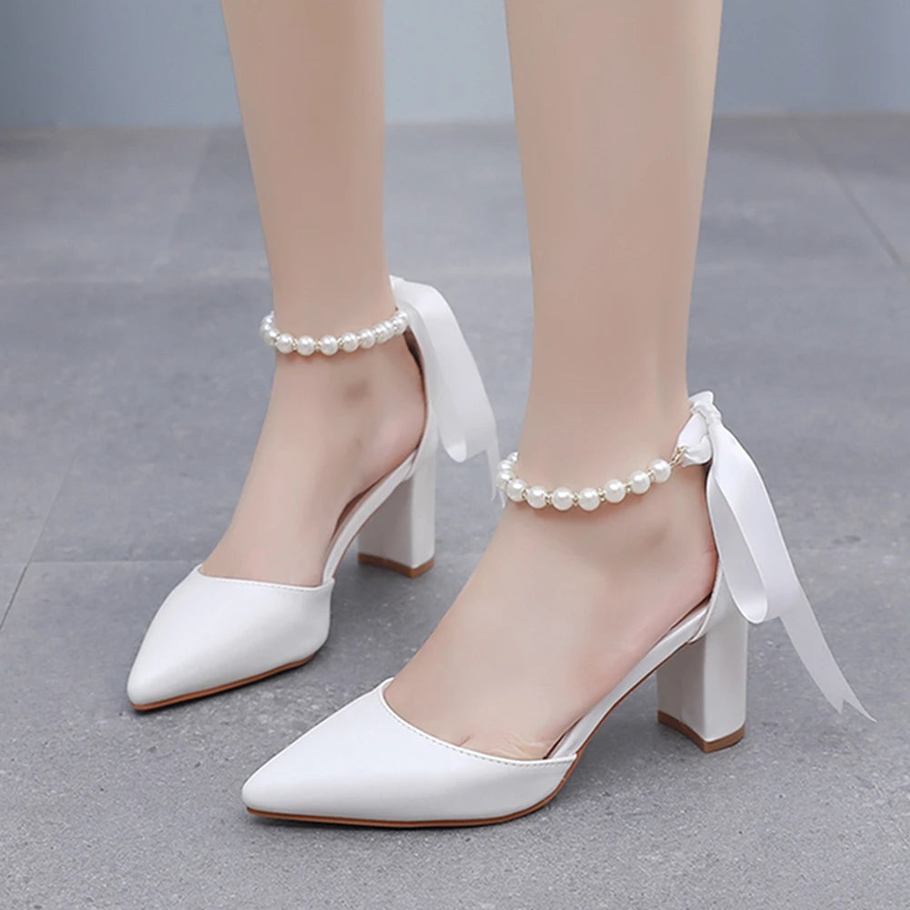 Pearl Ribbon White Heels