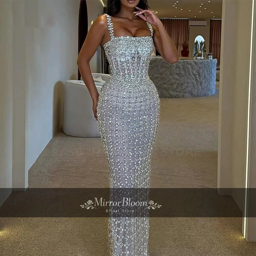 Silver Mermaid Evening Dress Women Beaded Square Neck Puff Sleeve Formal Prom Gown Luxury Party Dresses Floor Length Customized