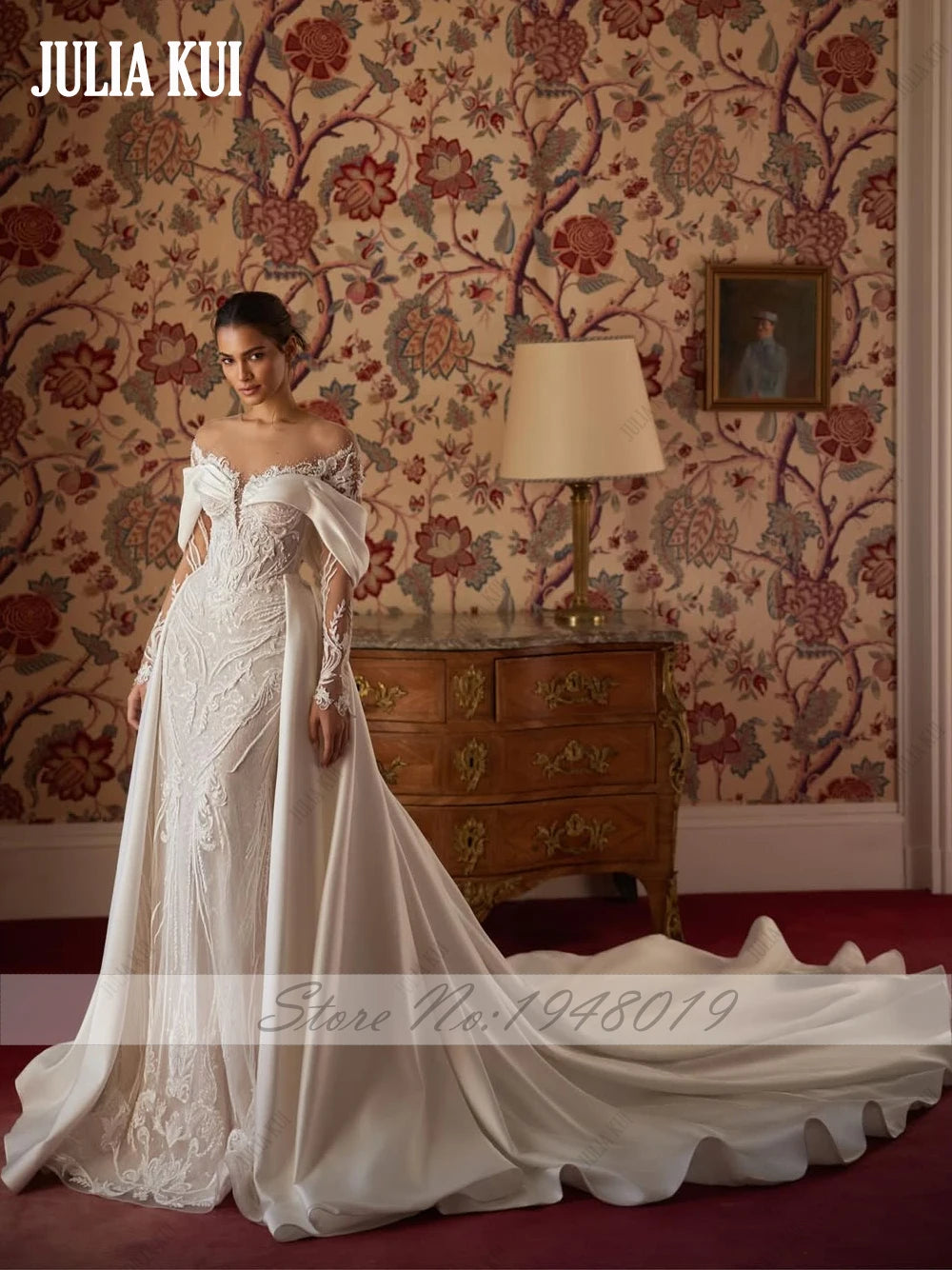 Julia Kui Custom Made Vintage Lace Satin 2 In 1 Mermaid Wedding Dresses Shiny Beaded Pearls Applique Beauty Trumpet Bridal Gowns