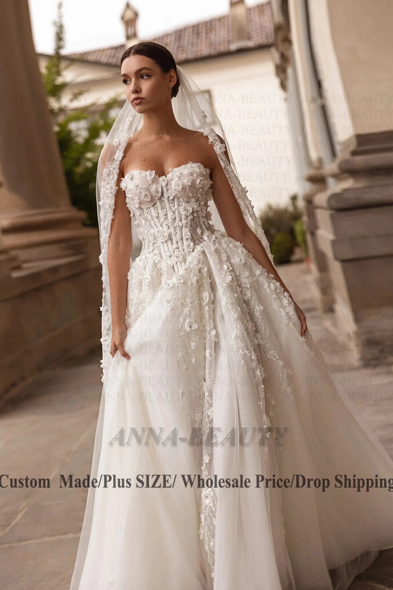 Anna Fancy Sweetheart Wedding Dress for Bride A Line Sleeveless Lacing up 3D Appliques Slit Vestidos Para Mujer Customised