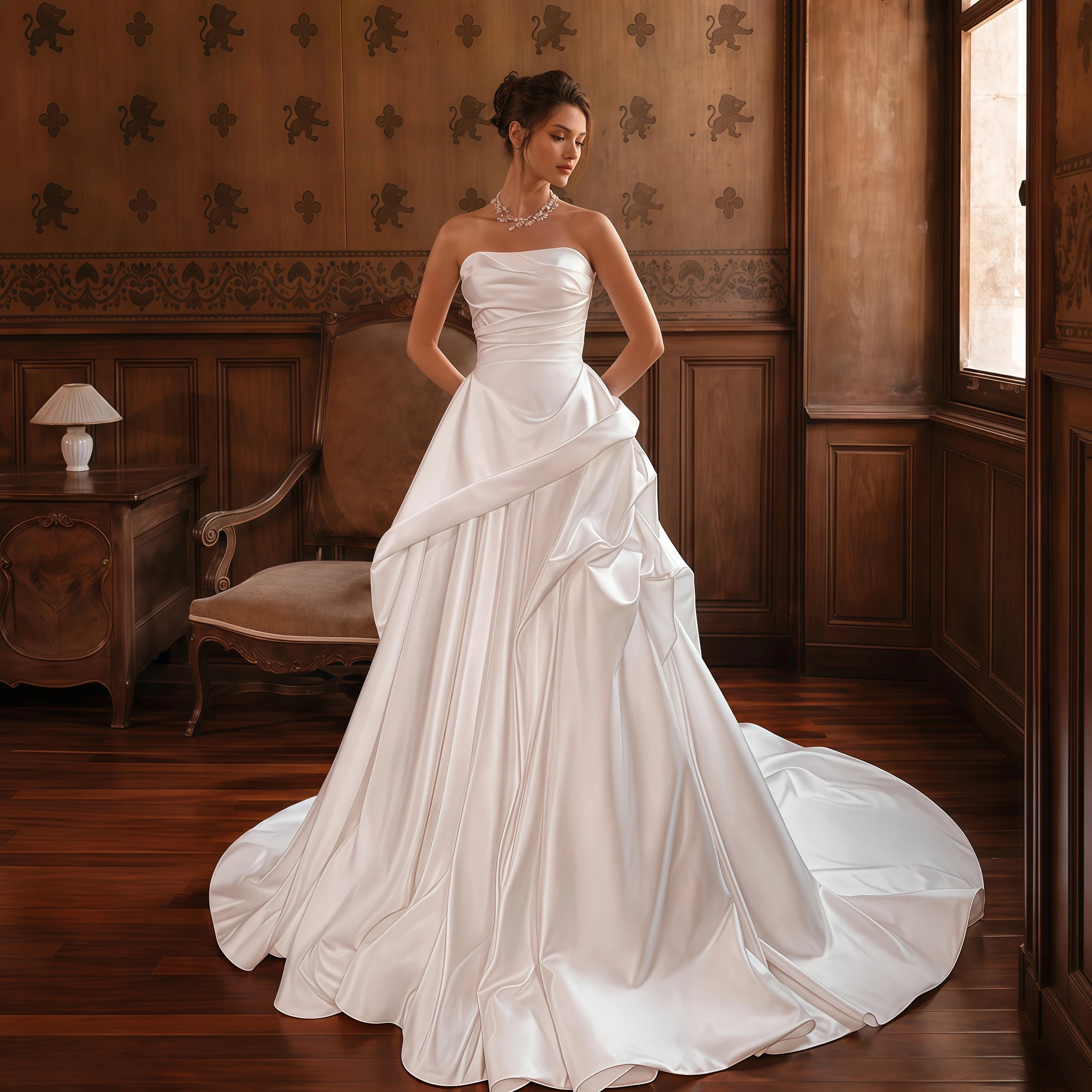 A Line Wedding Dress Customized Strapless Sweetheart Satin Bridal Gown Asymmetrical Ruffle Skirt Custom Train