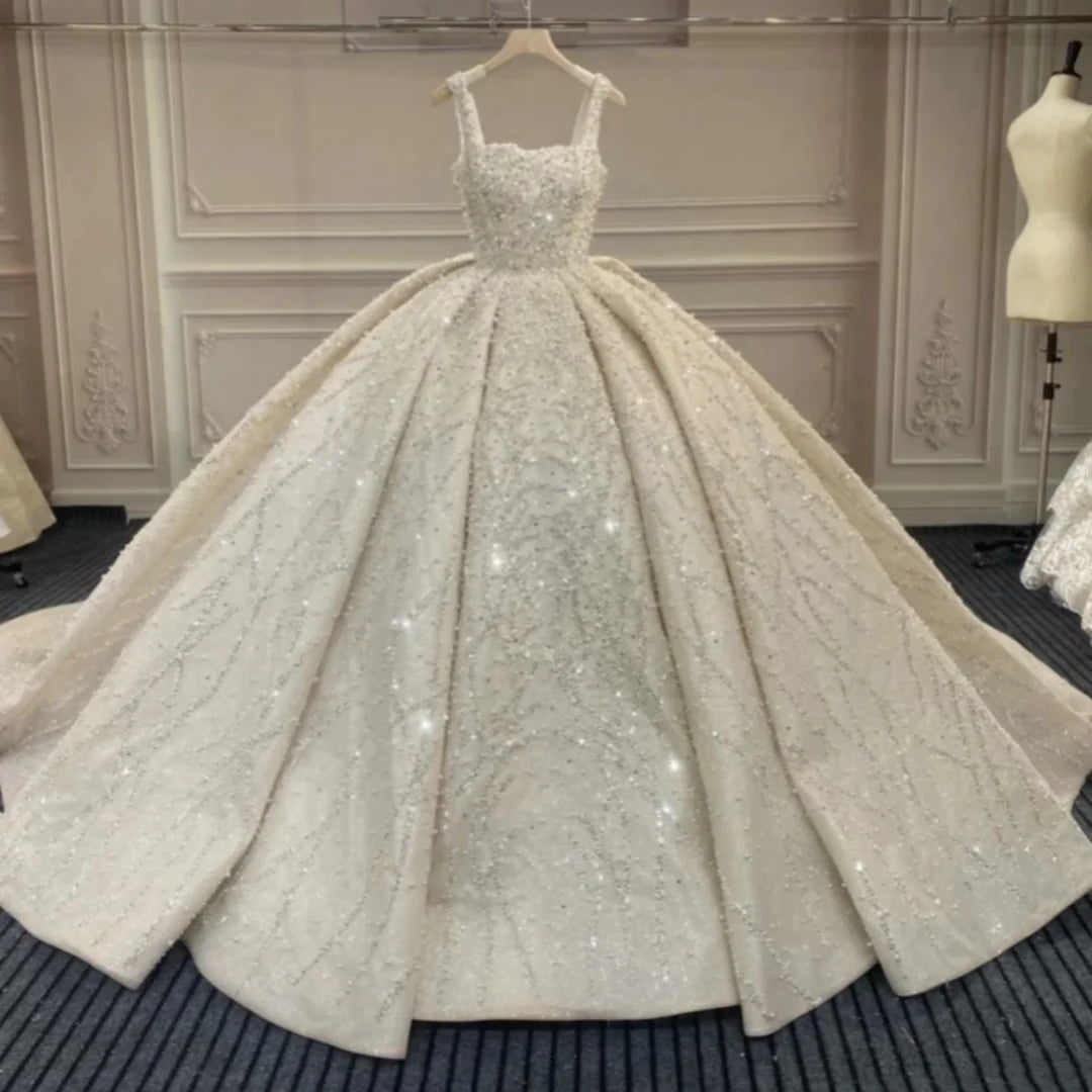 Customized New Large Skirt Elegant Princess Dress Wedding Dress Satin Shiny Sequin Rhinestone Puffy Skirt Vestido De Novia
