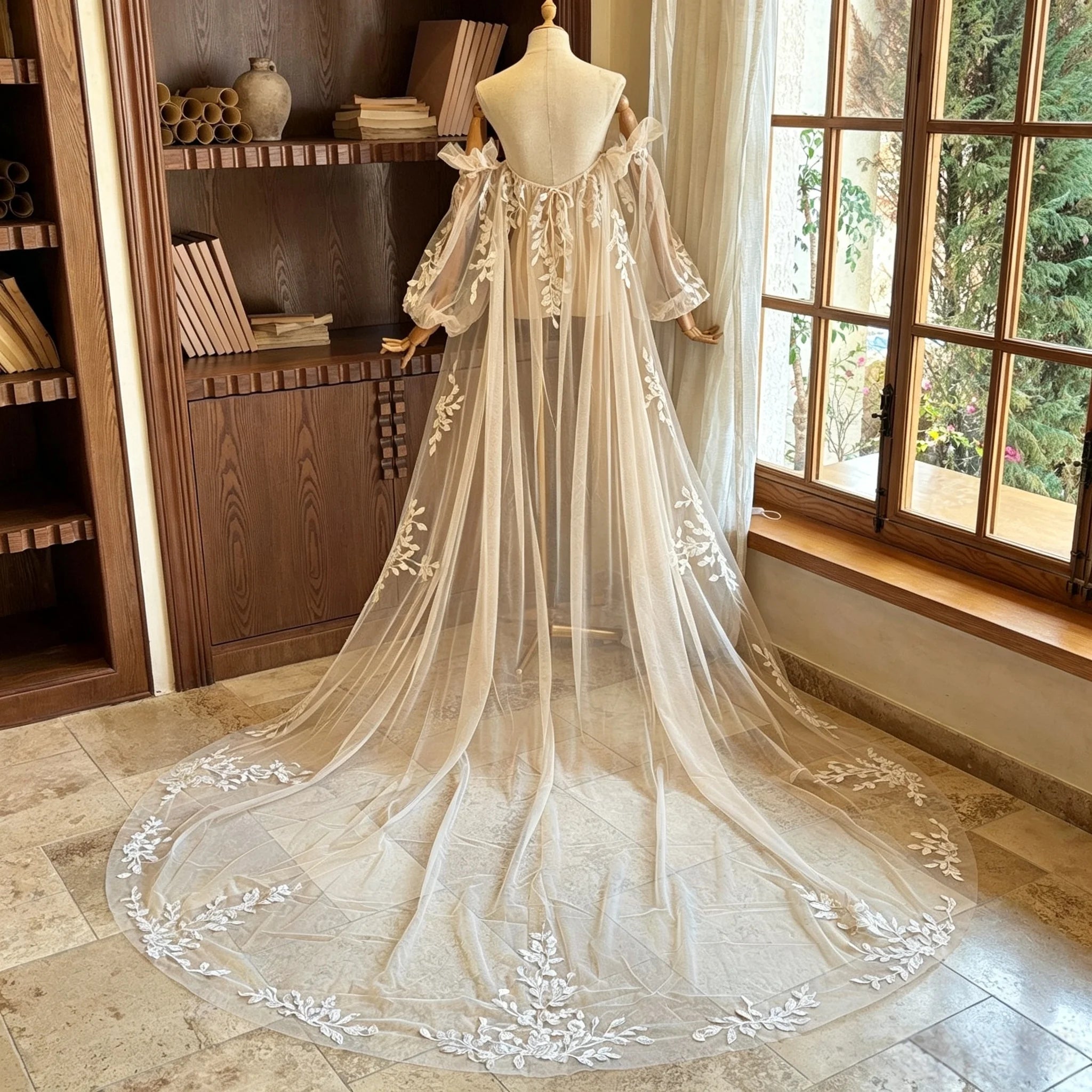 Leaf Lace Long-Sleeve Bridal Cape - Elegant Ivory Tulle Wedding Shawl with Train and Detachable Sleeve Wrap Cape Shawl Wrap