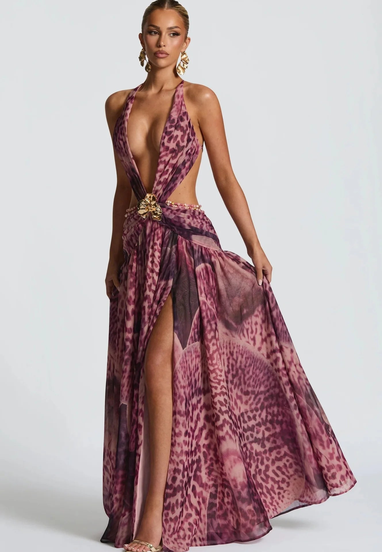 Townlike Leopard A-line Maxi Long Dress Women Halter 2026 Spring Summer Dress Deep V Neck Split Nightclub Sexy Party Dresses