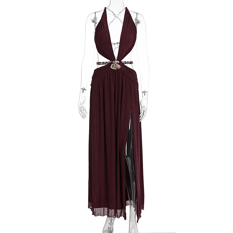 Townlike Leopard A-line Maxi Long Dress Women Halter 2026 Spring Summer Dress Deep V Neck Split Nightclub Sexy Party Dresses