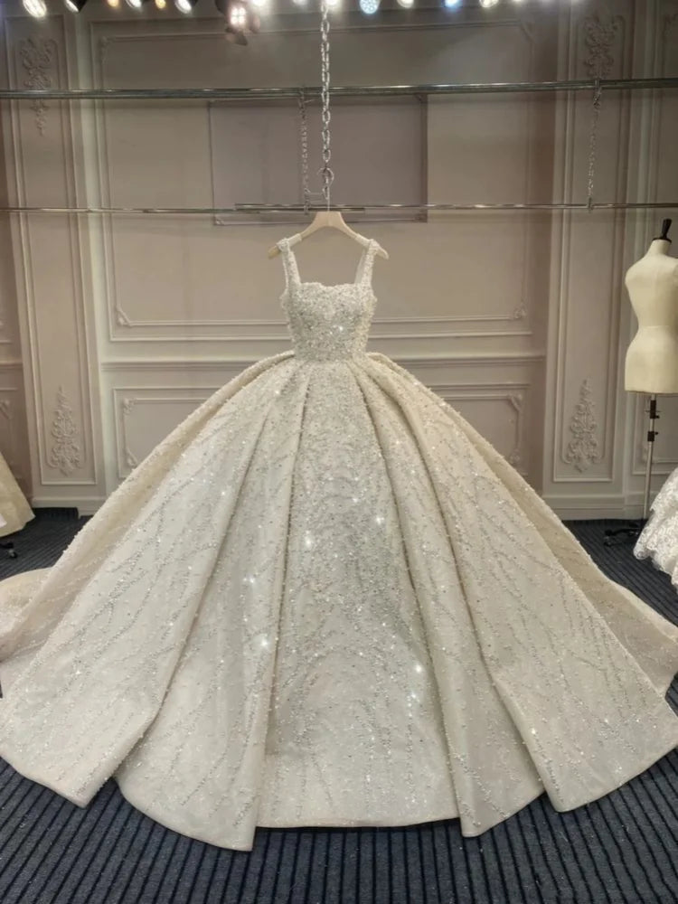 Customized New Large Skirt Elegant Princess Dress Wedding Dress Satin Shiny Sequin Rhinestone Puffy Skirt Vestido De Novia