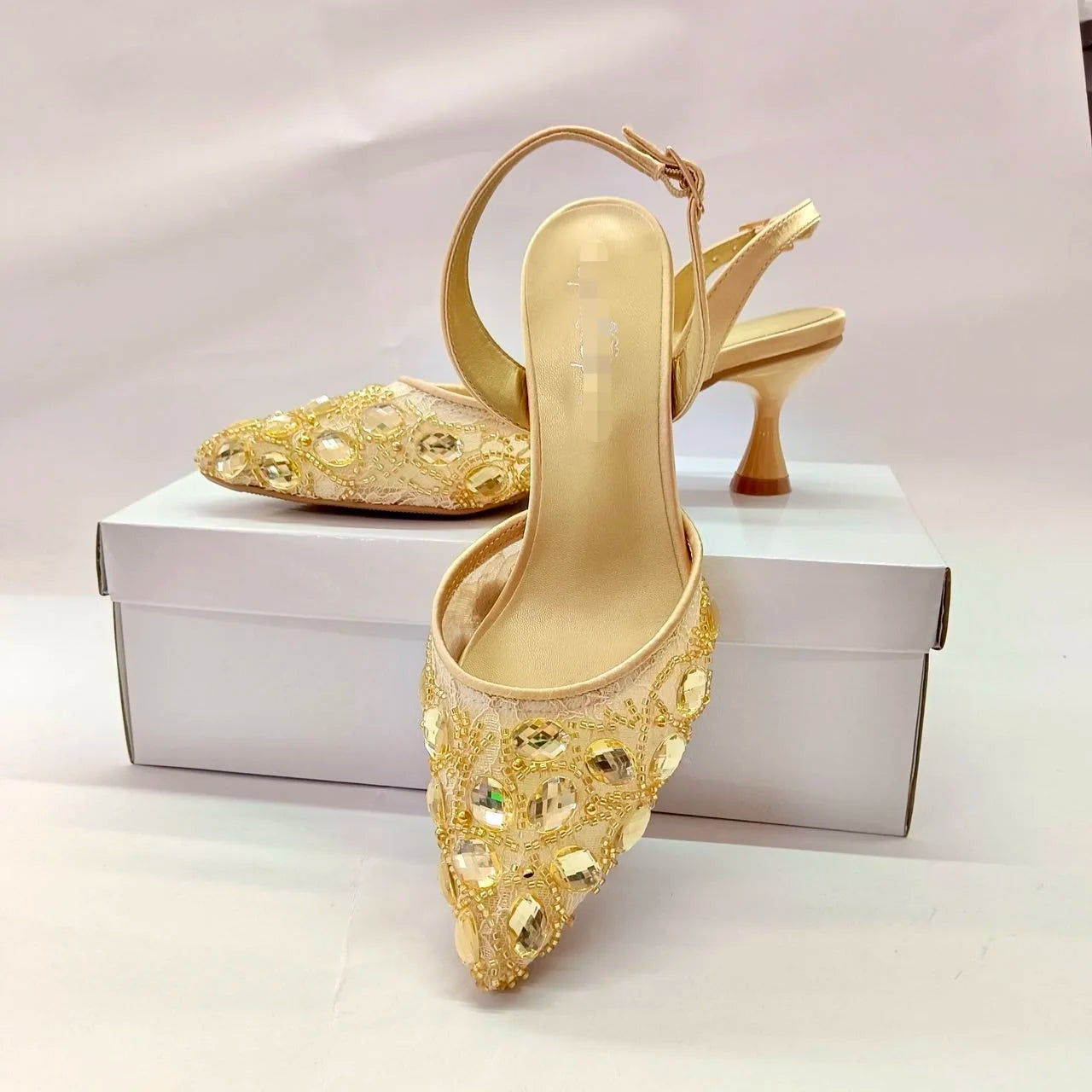 INSIGHTLINK Nigerian Rhinestones Wedding Dress high-heeled Shoes Gold/Blue/Pink/Red Color High Heels stiletto sandals For Party