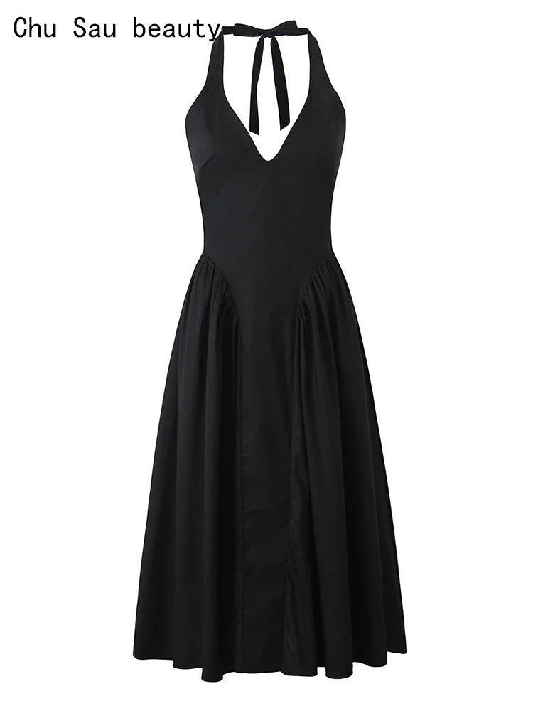Vintage Halter Backless Midi Dress