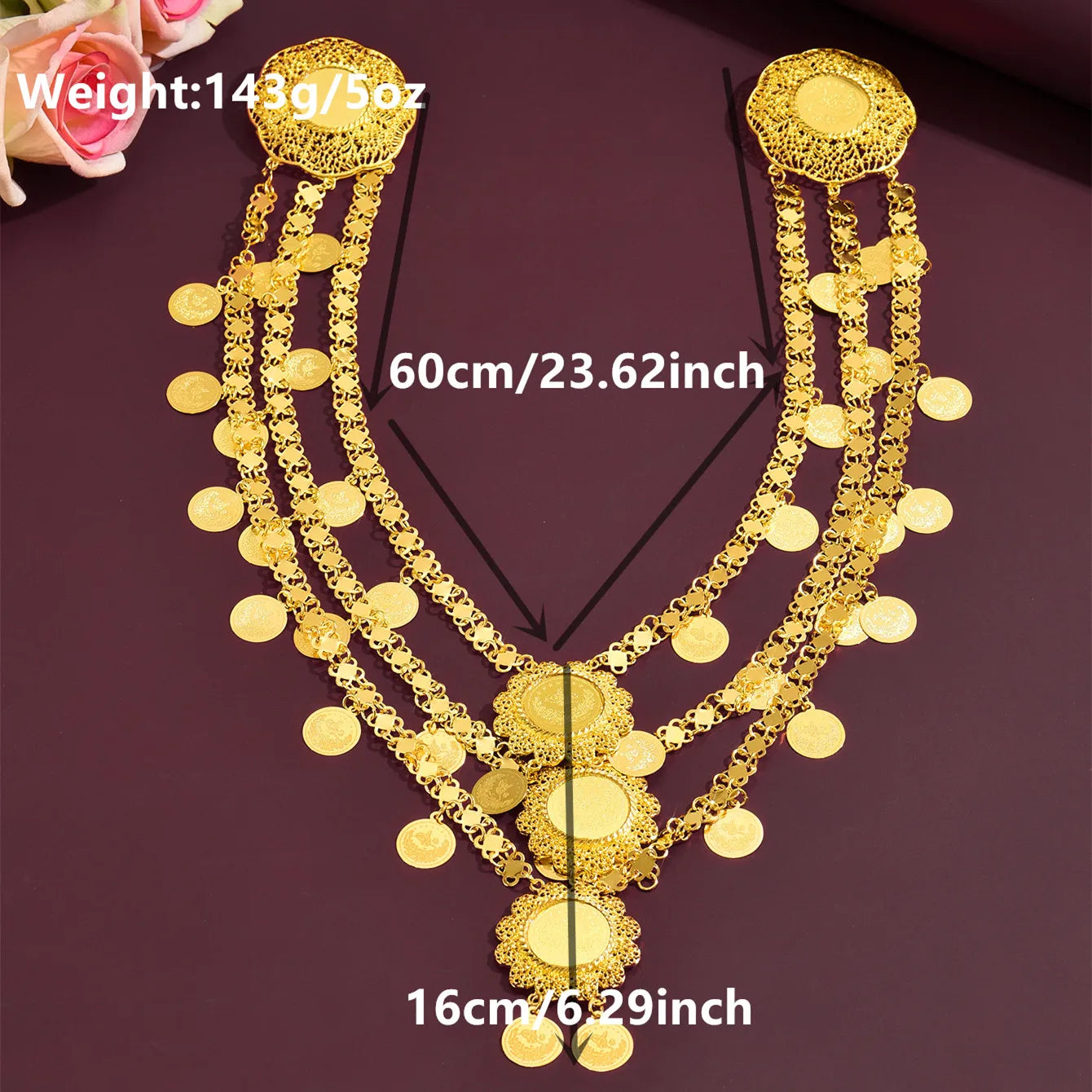 Popular Multi-tier Coin Tassel Ethnic Waist Chain Exquisite Filigree Craft Golden Waist Belt for Women Daily Vacation Festival