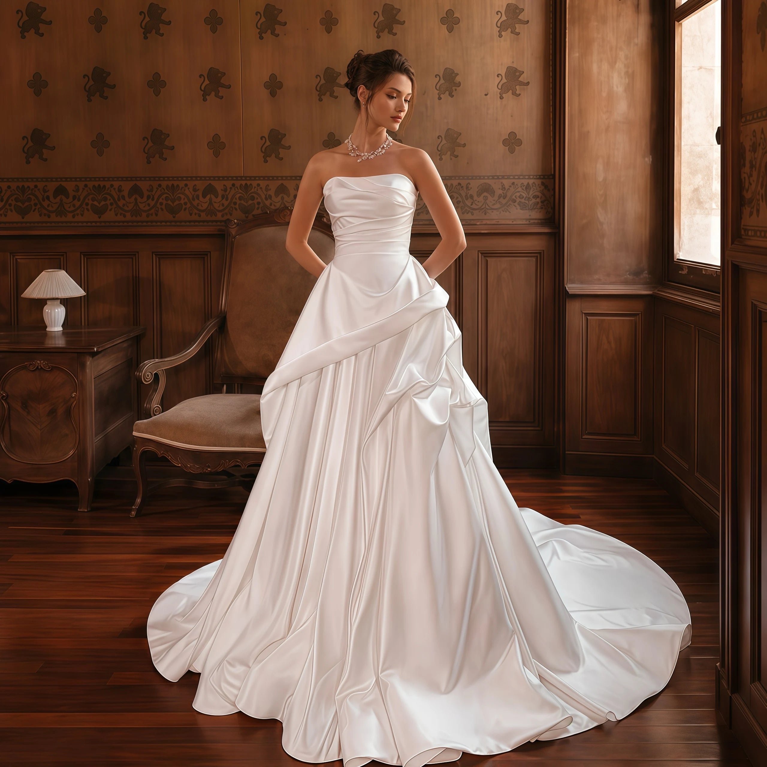 A Line Wedding Dress Customized Strapless Sweetheart Satin Bridal Gown Asymmetrical Ruffle Skirt Custom Train