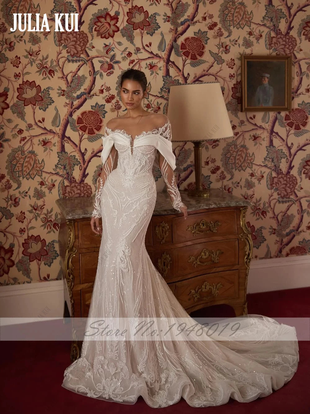 Julia Kui Custom Made Vintage Lace Satin 2 In 1 Mermaid Wedding Dresses Shiny Beaded Pearls Applique Beauty Trumpet Bridal Gowns