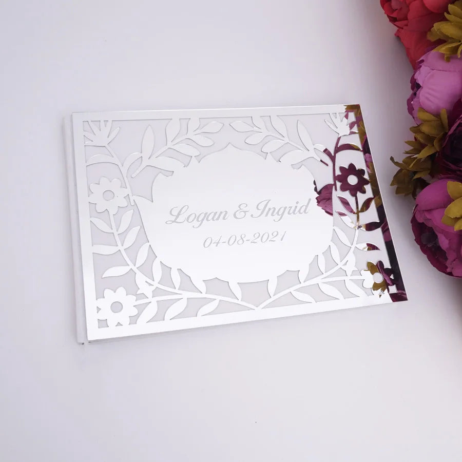 Luxury Hollow Floral Mirror Acrylic Wedding Guest Book Personalized Names & Date Signature Album 25x18cm Custom Wedding Journal