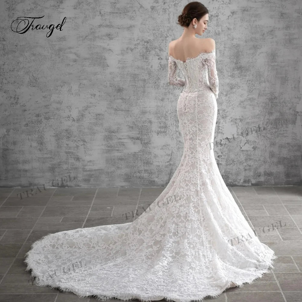 Traugel Elegant Strapless Long Sleeve Lace Mermaid Wedding Dresses Luxury Appliques Beaded Court Train Trumpet Bridal Gown