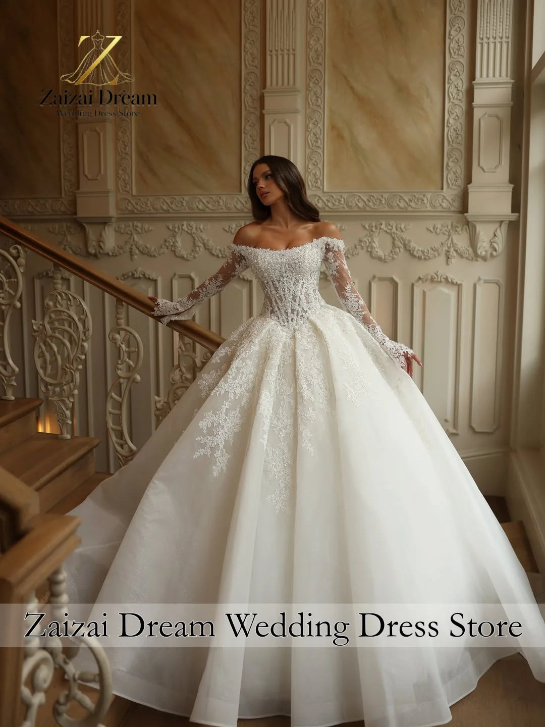Customzied Luxury Off Shoulder Wedding Dress Long Sleeves Ball Gown Princess Bridal Gown  with Cathedral Train Vestido De Novia