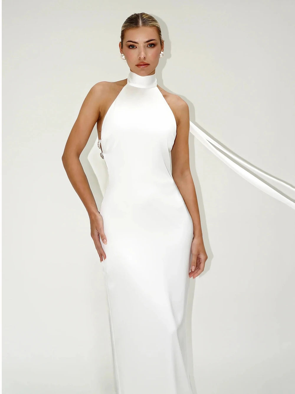 Pearl Chain Halter Maxi Dress