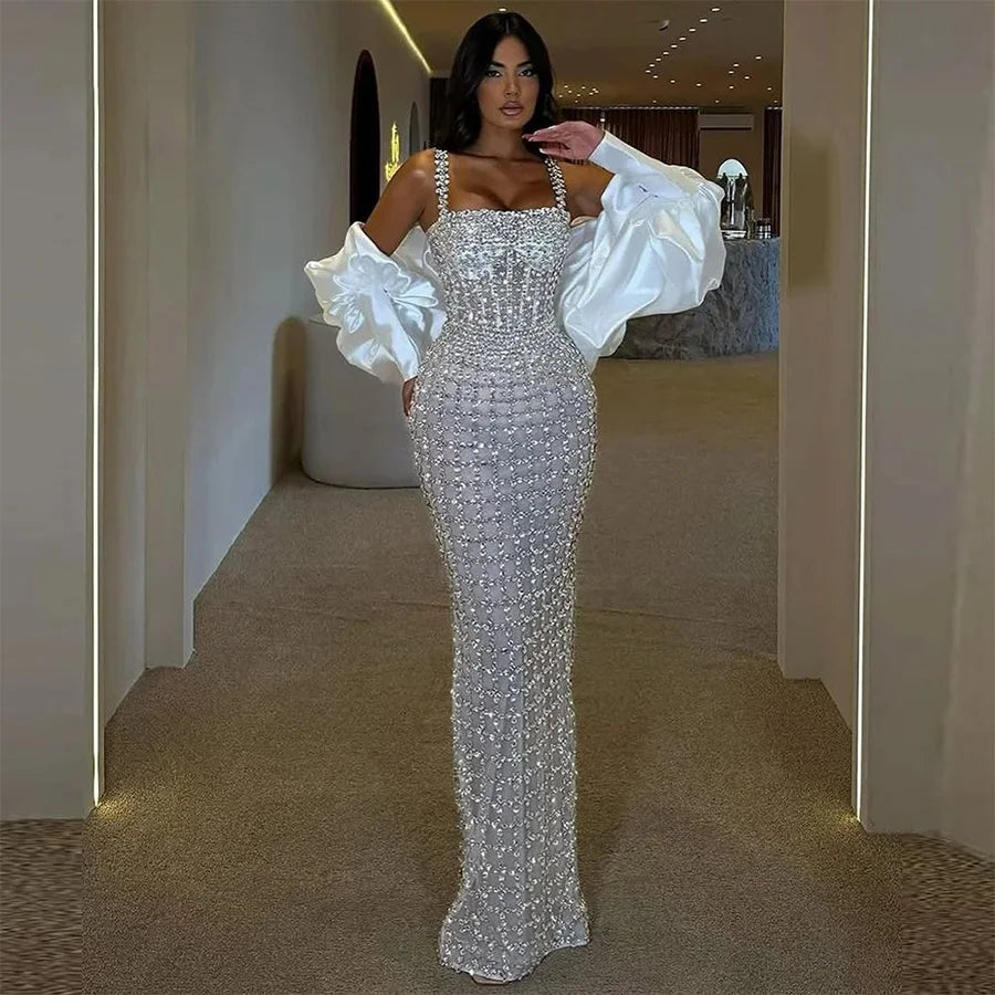 Silver Mermaid Evening Dress Women Beaded Square Neck Puff Sleeve Formal Prom Gown Luxury Party Dresses Floor Length Customized