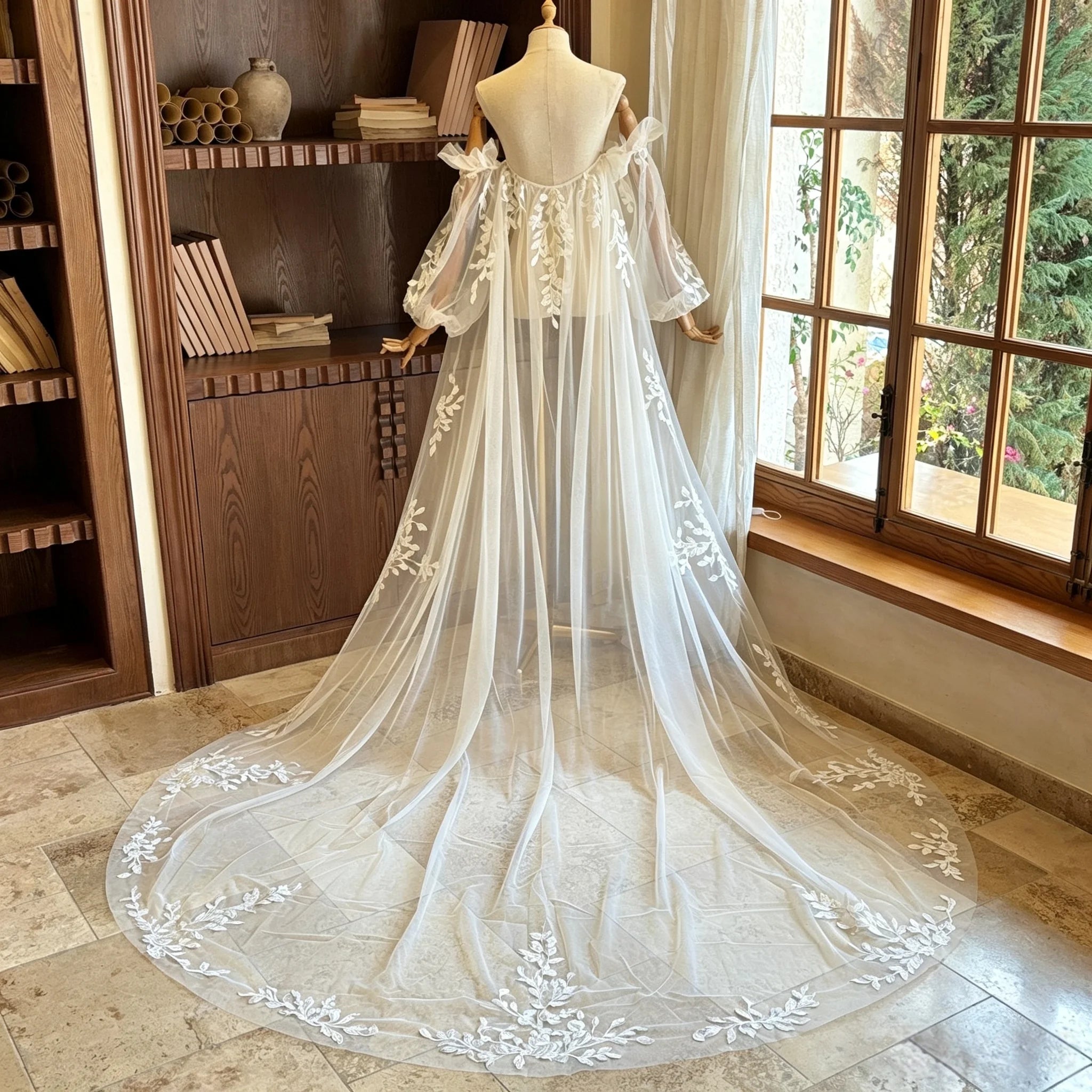 Leaf Lace Long-Sleeve Bridal Cape - Elegant Ivory Tulle Wedding Shawl with Train and Detachable Sleeve Wrap Cape Shawl Wrap