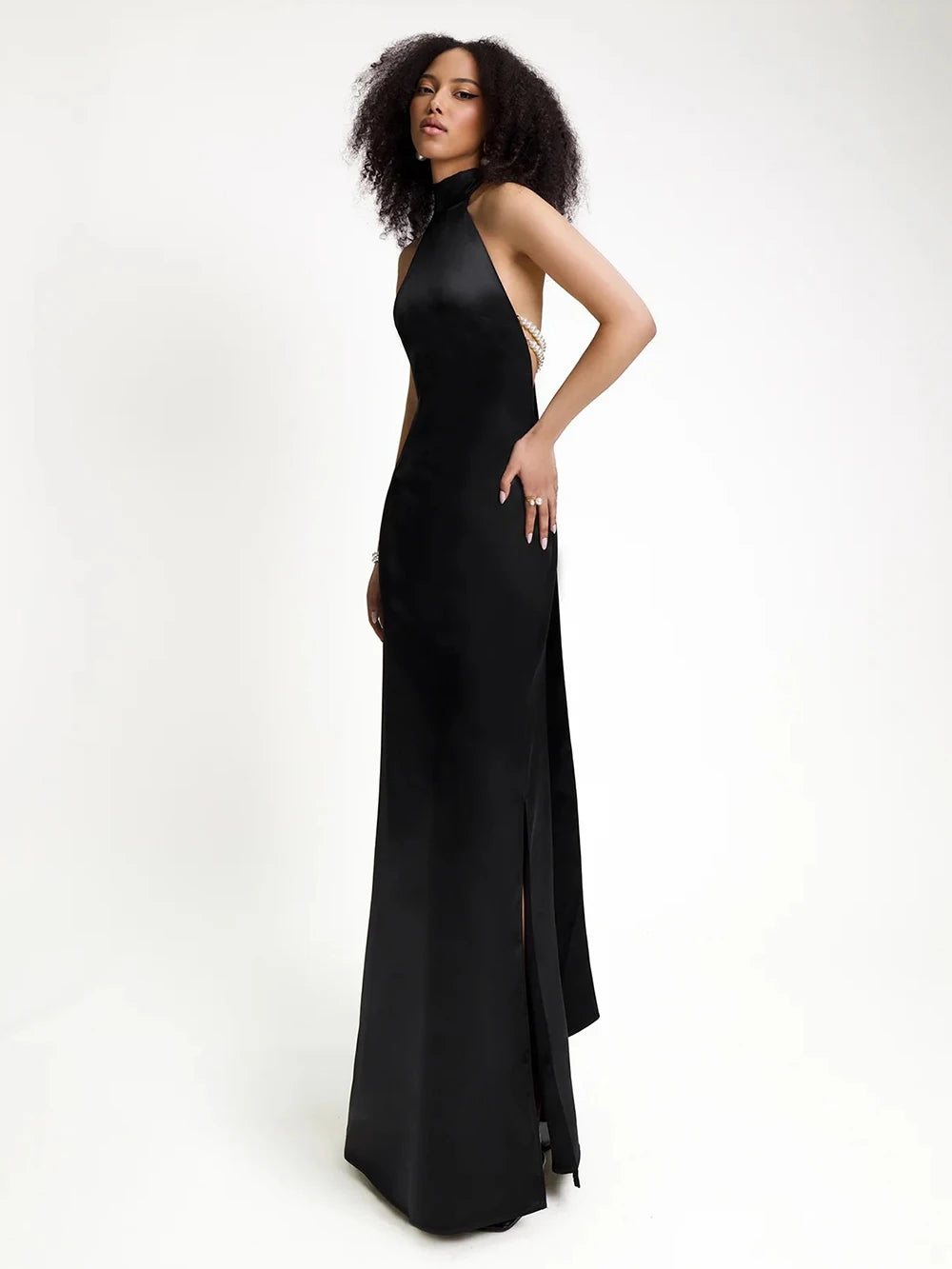 Pearl Chain Halter Maxi Dress