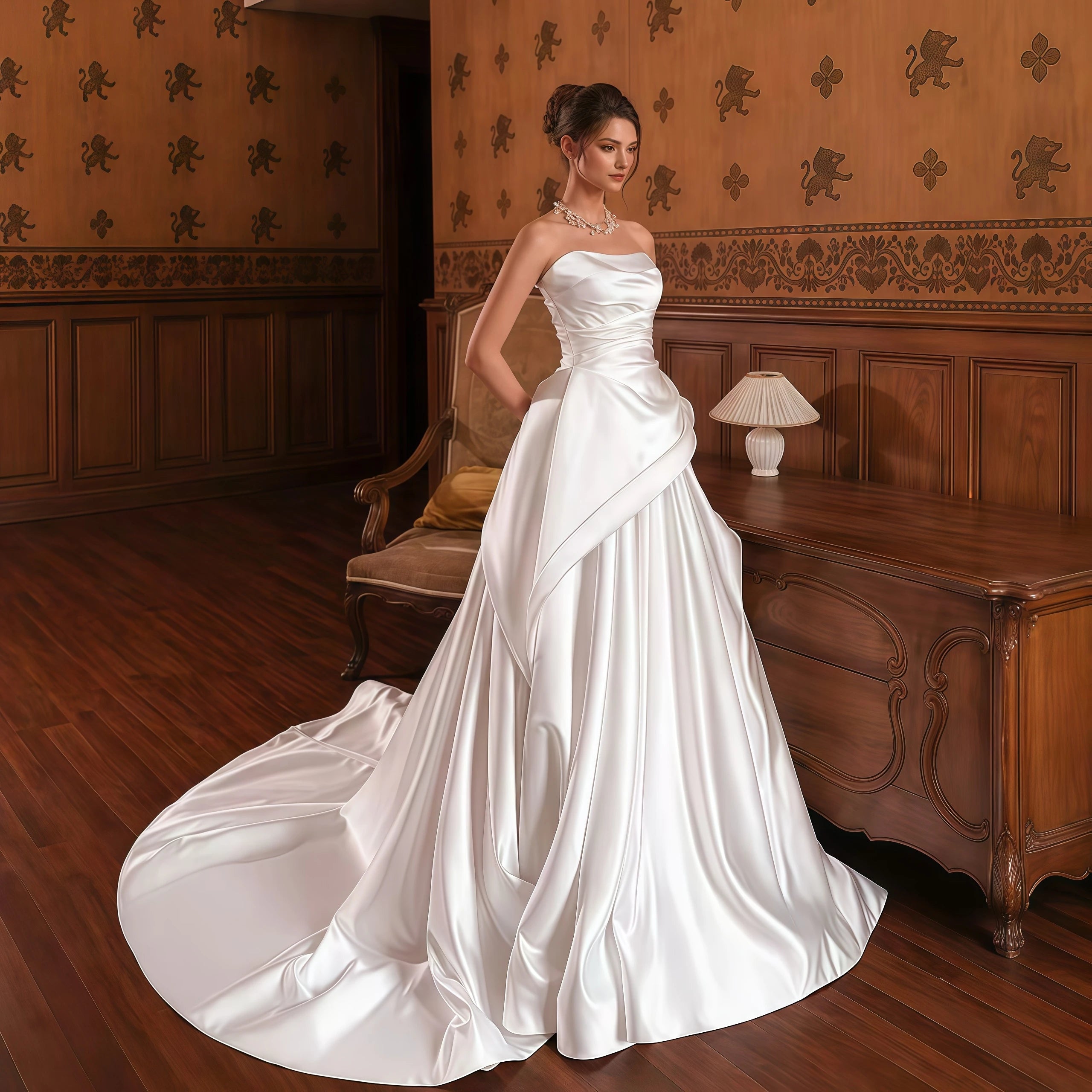 A Line Wedding Dress Customized Strapless Sweetheart Satin Bridal Gown Asymmetrical Ruffle Skirt Custom Train