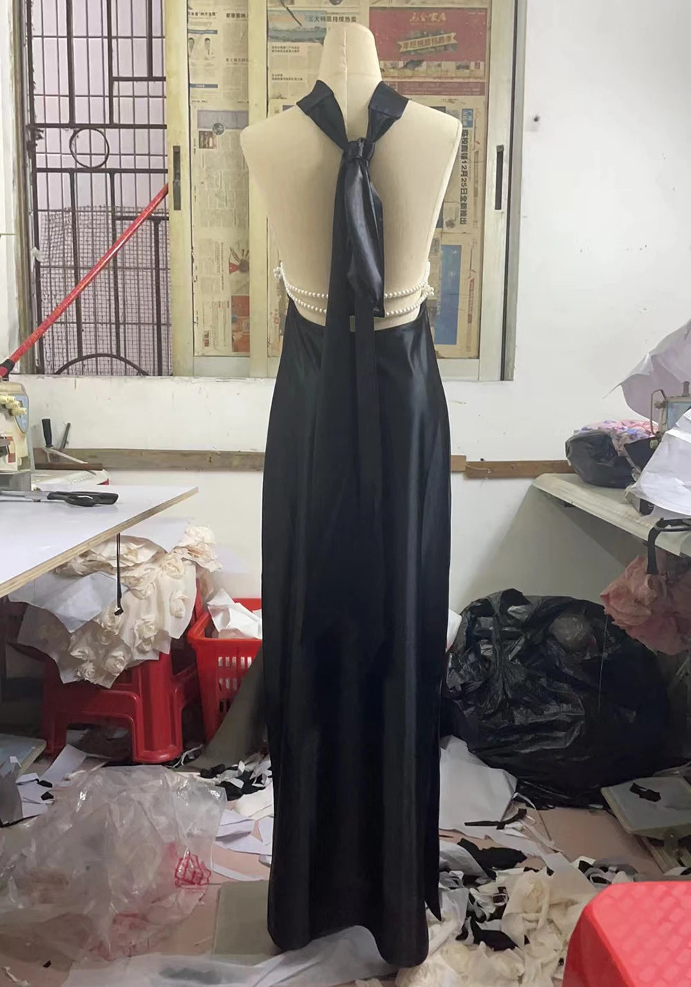 Pearl Chain Halter Maxi Dress