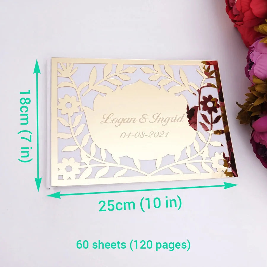Luxury Hollow Floral Mirror Acrylic Wedding Guest Book Personalized Names & Date Signature Album 25x18cm Custom Wedding Journal