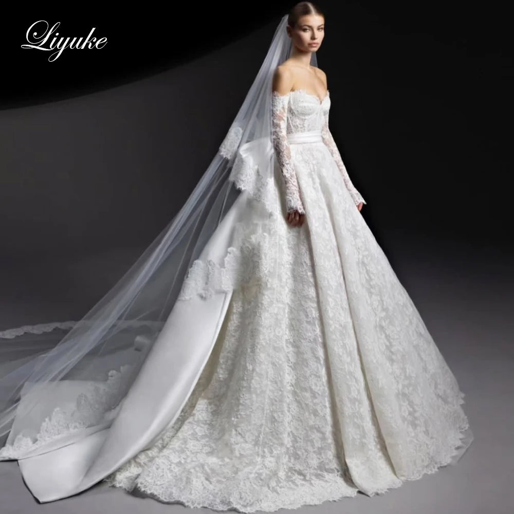 Liyuke Custom Made Sweetheart A-Line Wedding Dress Off The Shoulder Full Lace Bridal Gowns With Removable Satin Train