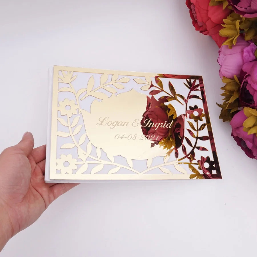 Luxury Hollow Floral Mirror Acrylic Wedding Guest Book Personalized Names & Date Signature Album 25x18cm Custom Wedding Journal