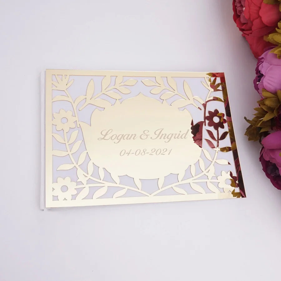 Luxury Hollow Floral Mirror Acrylic Wedding Guest Book Personalized Names & Date Signature Album 25x18cm Custom Wedding Journal