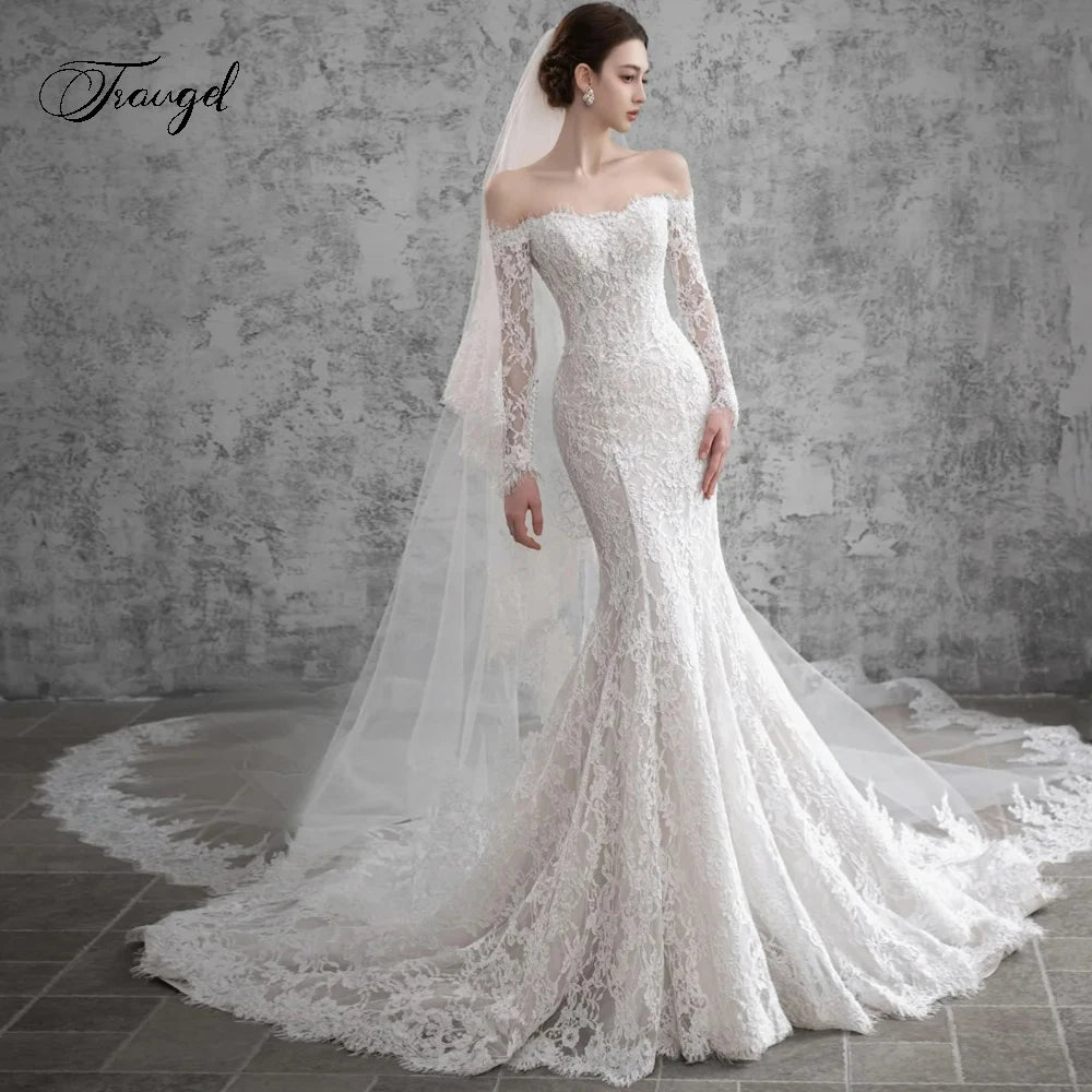 Traugel Elegant Strapless Long Sleeve Lace Mermaid Wedding Dresses Luxury Appliques Beaded Court Train Trumpet Bridal Gown