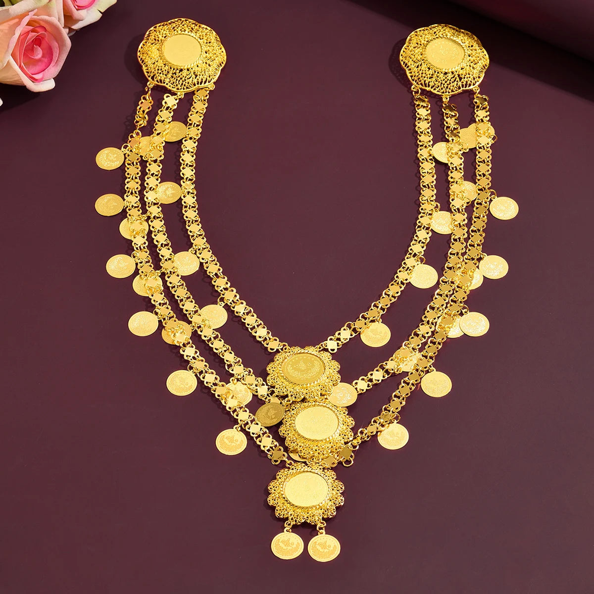 Popular Multi-tier Coin Tassel Ethnic Waist Chain Exquisite Filigree Craft Golden Waist Belt for Women Daily Vacation Festival