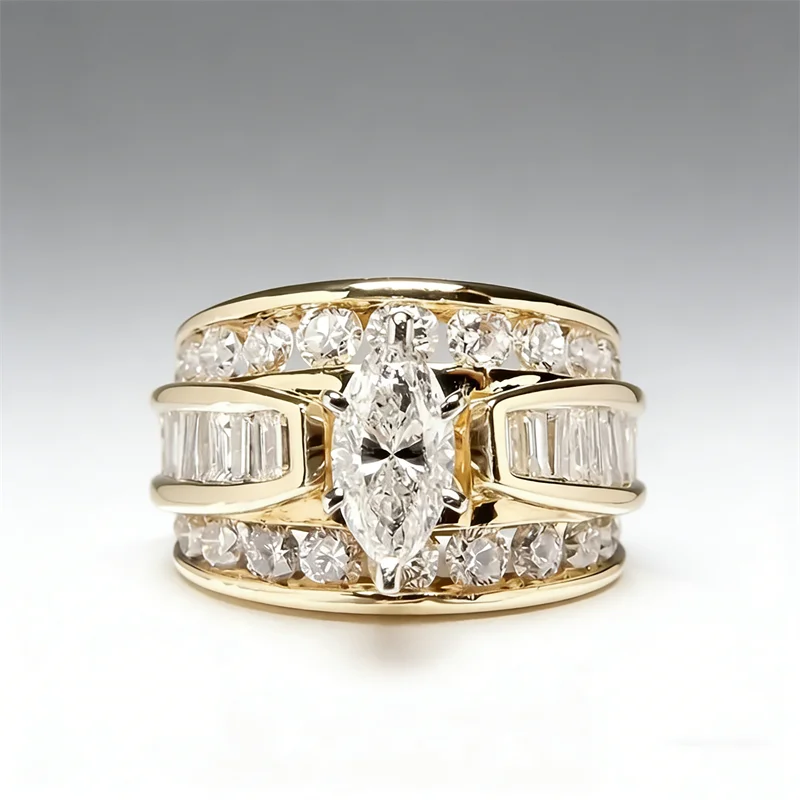 Gorgeous Three-Row White Zircon Engagement Rings Fashion Gold Color Party Anniversary Wedding Rings for Women